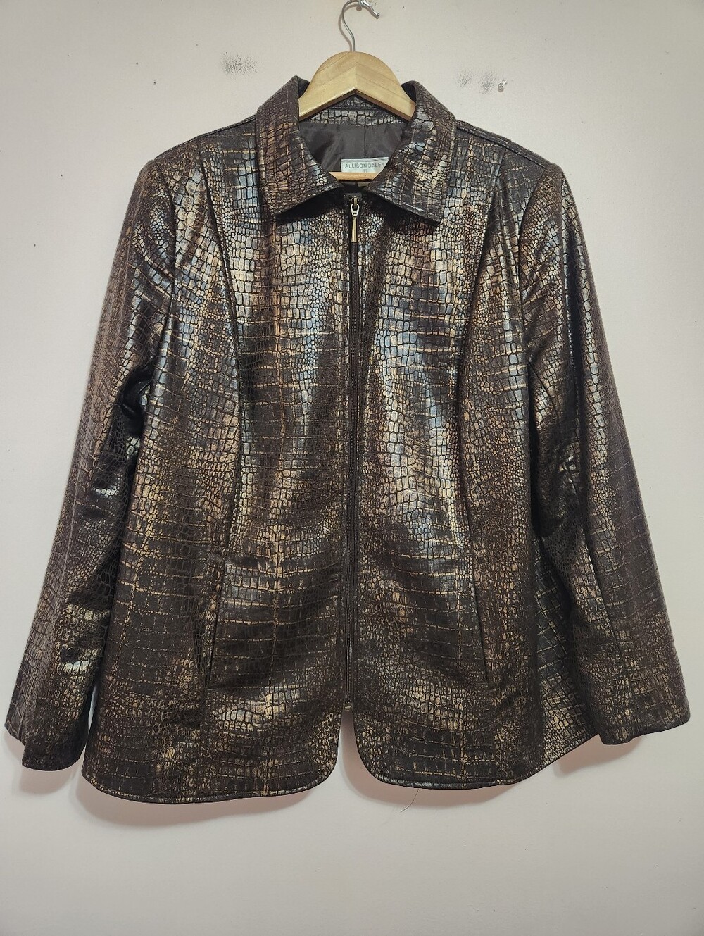 Vintage Allison Daley 20W Metallic Bronze Croc Embossed Zip Jacket Y2K Grunge